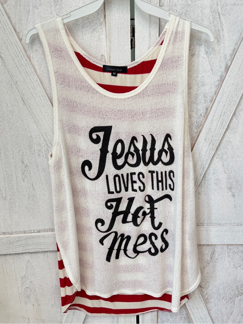 Jesus Loves This Hot Mess Tank Top Women’s Medium Mesh Front Striped Back New